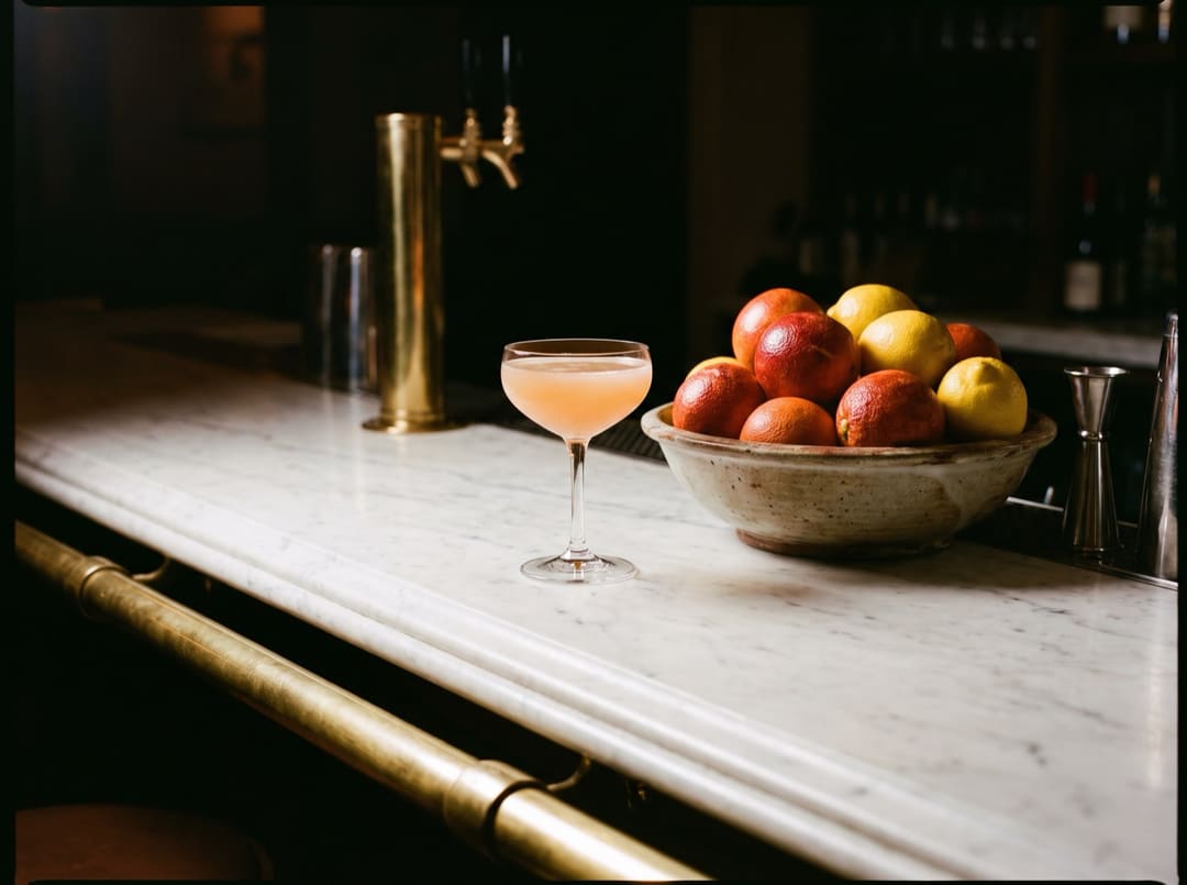 The marble bar with a coupe and a bowl of citrus.