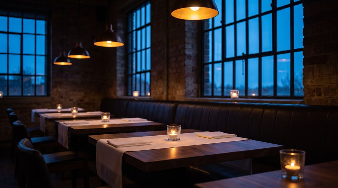 The dining room at dusk: dark wood tables, candles and a long banquette.