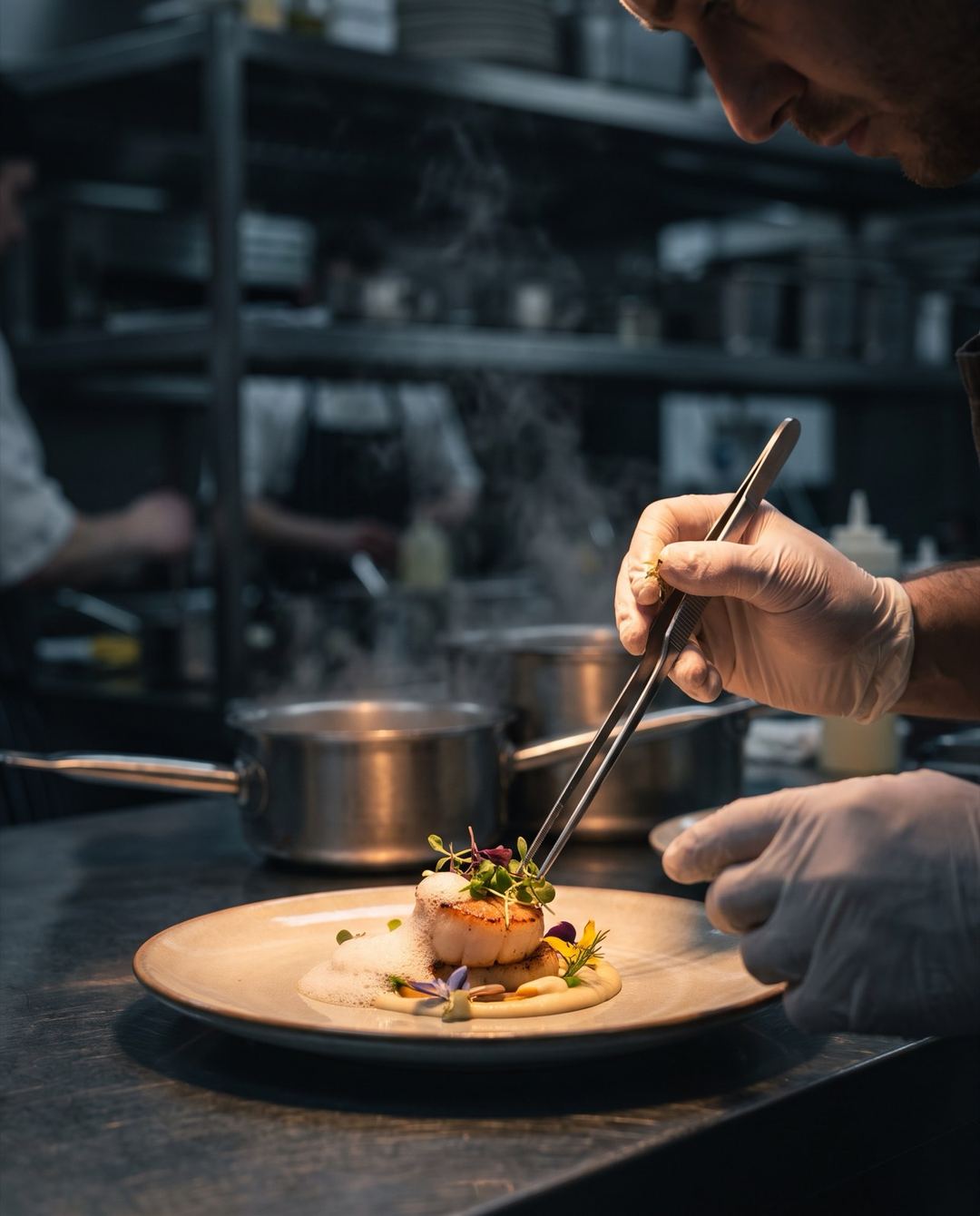 A cook’s hands plating a course at the pass.