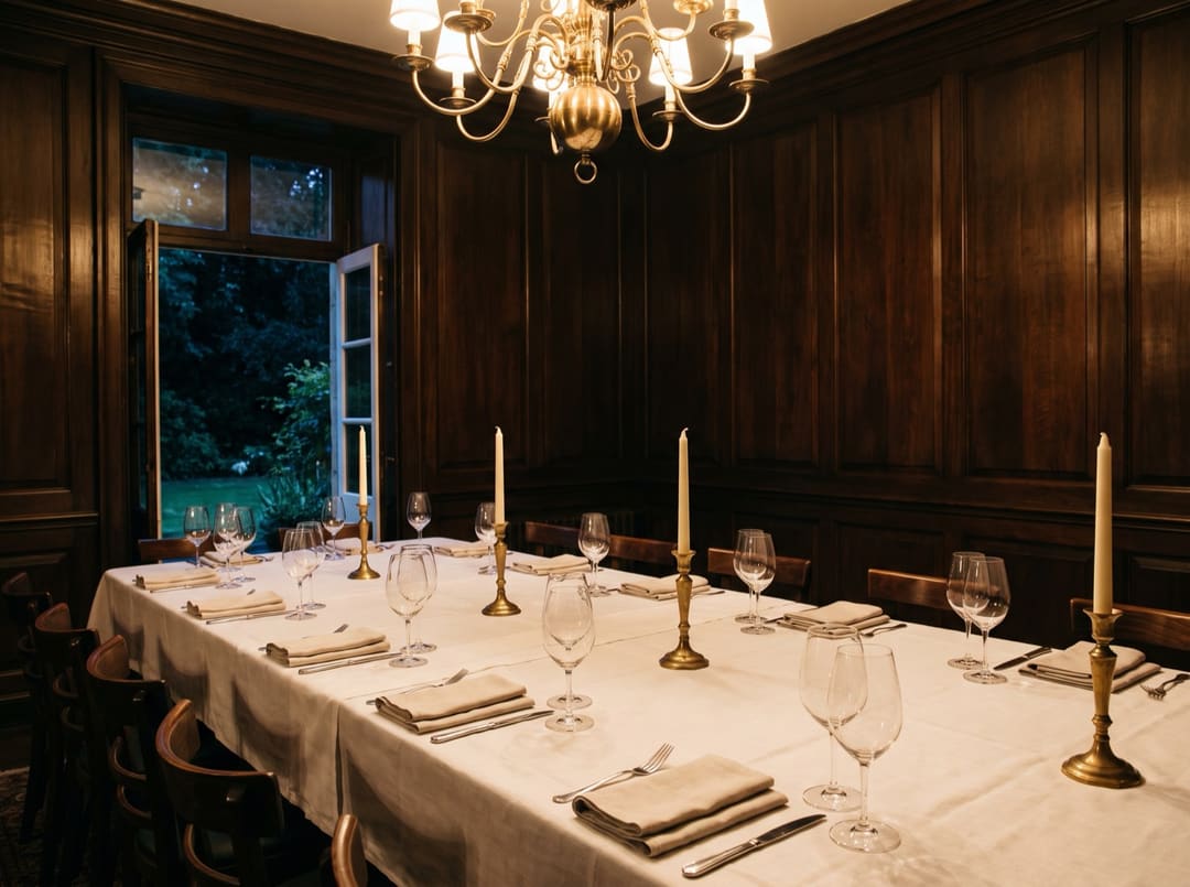 The private room set for fourteen, with linen and low lights.